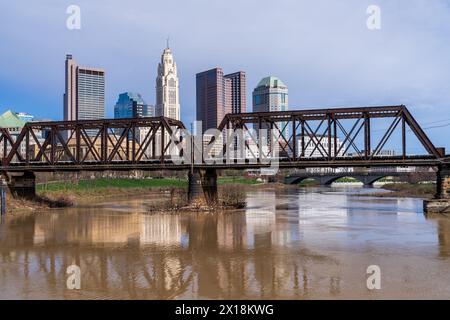 Columbus Ohio waterfront view of the downtown financial district from the River Scioto through a railroad truss bridge Stock Photo