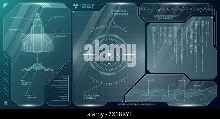 VR HUD futuristic control panel. Technology head up display target and command center UI screen. GUI digital virtual interface cyberspace hi tech visor design. FUI Sci Fi spaceship cockpit dashboard Stock Vector