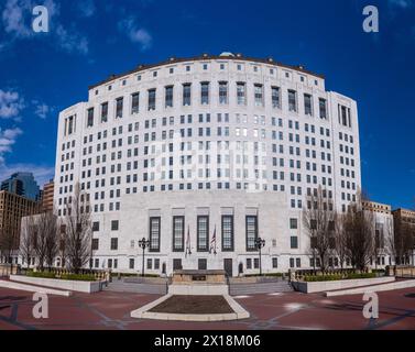 Wide angle panorama of the white marble entrance and facade to the Supreme Court of Ohio in Columbus with US flag flying Stock Photo