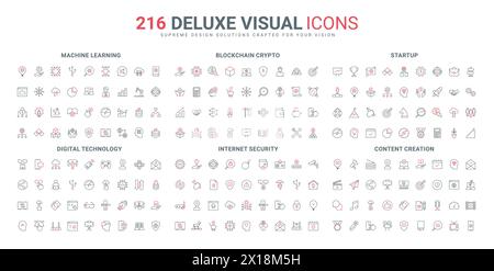 Internet technology for startup growth, development, machine learning line icons set. Cyber shield for personal information, content creation, blockchain thin black and red symbols vector illustration Stock Vector