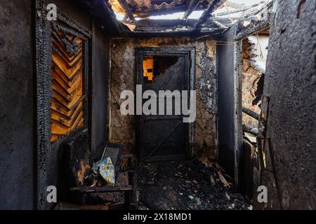 Burnt house interior. Consequences of fire. Stock Photo