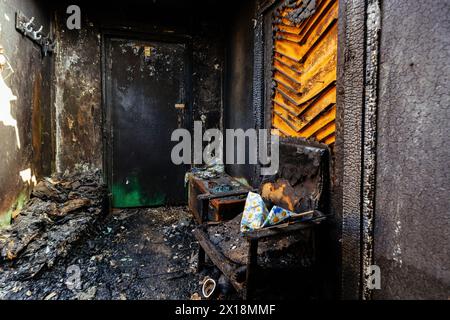 Burnt house interior. Consequences of fire. Stock Photo