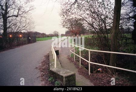 File photo dated 14/03/98 of the approach road to Gullivers World, theme park, in the Callands area of Warrington, where baby 'Callum' was discovered in March 1998 and a murder investigation was launched. Joanne Sharkey, of West Derby in Liverpool, has been charged with murder by detectives investigating the death of the baby found in woodland in more than 25 years ago. The 54-year-old will appear in custody at Warrington Magistrates' Court on Tuesday, charged over the death. Issue date: Monday April 15, 2024. Stock Photo