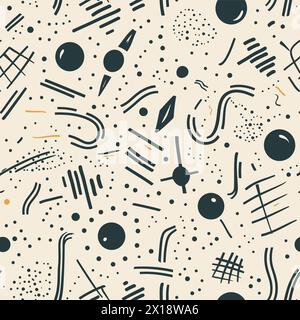 a seamless pattern of black and white dots and lines on a beige background Stock Vector