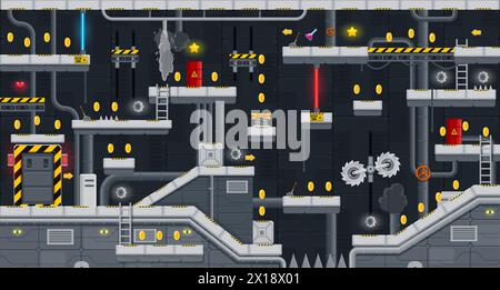 Arcade underground factory game level map interface. Traps and steel metal platforms and coins, golden stars on console or computer game level, arcade app vector background, retro videogame backdrop Stock Vector