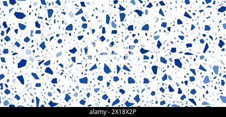 Dark and light blue terrazzo ceramic tile pattern. Terazzo marble stone floor texture, terazo mosaic background. Vector seamless pattern of italian terrazzo white stone tile with blue rock pieces Stock Vector
