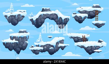 Arcade game platforms with ice and snow, winter level game asset. Vector floating ui rocky islands with snow, spruce trees and stairs. Location map interface for mobile game fantasy arctic environment Stock Vector