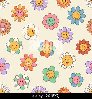 Groovy daisy sunflower or cute happy flowers pattern background, seamless vector. Cartoon groovy daisy, sunflower or chamomile flower characters with happy face, kids floral pattern of colorful petals Stock Vector