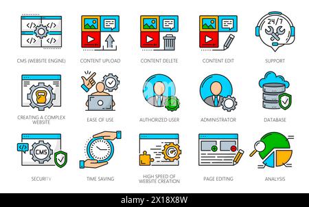 CMS content management system icons, web marketing and online internet business, vector line symbols. CMS digital media content network, website data analytics and database information management Stock Vector