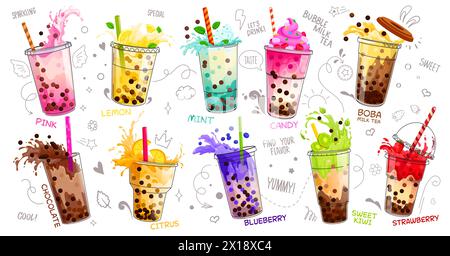 Cartoon milk bubble tea cups isolated vector set. Vibrant array of transparent mugs with colorful drinks, delightful blend of creamy milk tea and chewy tapioca or boba pearls, fruits and berries Stock Vector