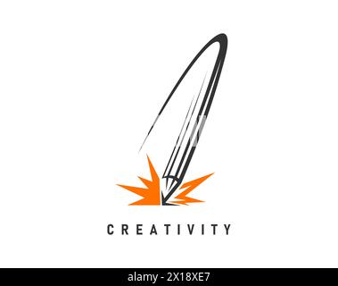 Creative idea pencil icon for creativity and graphic design studio, vector emblem. Pencil comet and idea burst explosion line icon for creative innovation, advertising agency or architect designer Stock Vector