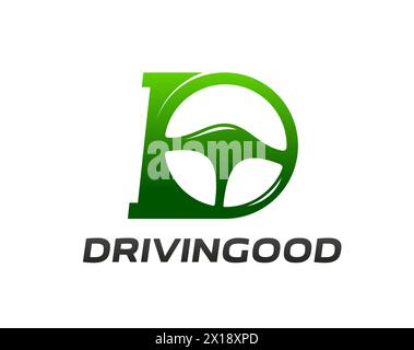 Safety drive icon, driving school symbol, features car steering wheel stylized as letter D in green color, symbolize driver protection, safe and caution. Isolated vector emblem of secure vehicle Stock Vector