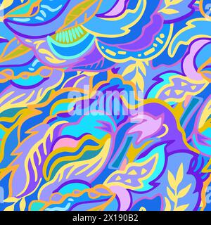 Colorful seamless pattern with chaotic floral and psychedelic abstract elements. Vector illustration. Stock Vector