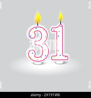 Celebratory number 31 candles. Birthday age decoration. Anniversary numeral lights. Festive cake topper. Vector illustration. EPS 10. Stock Vector