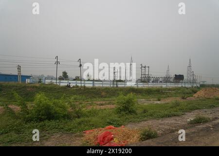Power sub-station for the controversial Tata Nano automobile factory land. Beside NH-16. Singur in Hooghly district, West Bengal, India. Stock Photo