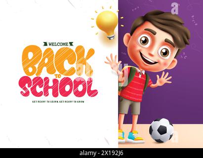 Back to school boy character vector template. Welcome back to school text in white board space with cute little boy standing and waving Stock Vector