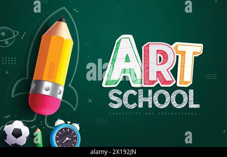 Art school text vector template design. Back to school greeting paper cut text with pencil arts elements in green chalkboard background. Vector Stock Vector