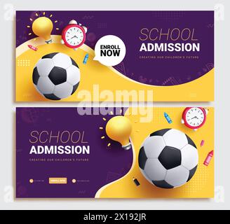 Back to school invitation vector set banner design. School admission flyers with soccer ball, clock and bulb educational elements for promotion Stock Vector