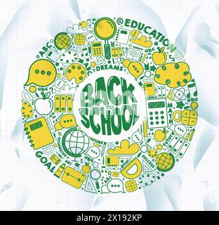 Back to school vector design. Back to school text with doodle educational elements, items and learning supplies in white paper grid background. Vector Stock Vector