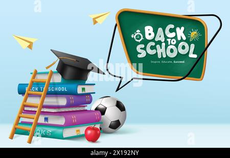 Back to school books vector design. Back to school greeting text in chalk board with learning books, ladder, graduation cap elements for educational Stock Vector