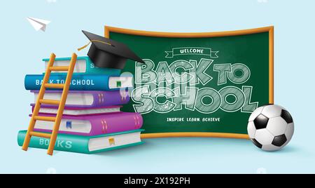 Back to school vector design. Welcome back to school greeting in green chalkboard with education books, ladder and soccer ball elements for learning Stock Vector