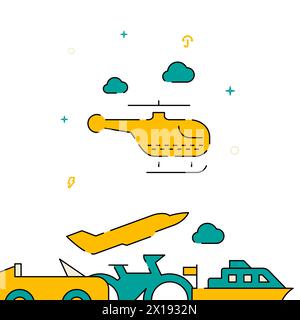 Helicopter taxi filled line vector icon, simple illustration, transport related bottom border. Stock Vector