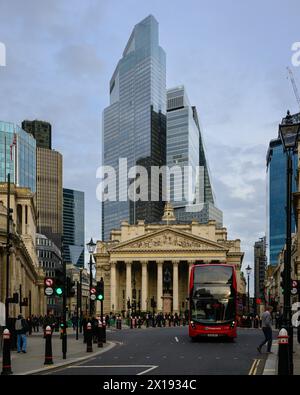 London, UK - March 25, 2024 - Modern skyscraper rises behind The Royal Exchange with red double decker bus Stock Photo