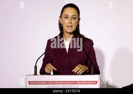 Mexico City, Mexico. 15th Apr, 2024. The presidential candidate for the Juntos Hagamos Historia coalition, Claudia Sheinbaum Pardo speaks during the Meeting with Companies and Entrepreneurs at the Hilton Hotel. (Credit Image: © Luis Barron/eyepix via ZUMA Press Wire) EDITORIAL USAGE ONLY! Not for Commercial USAGE! Stock Photo