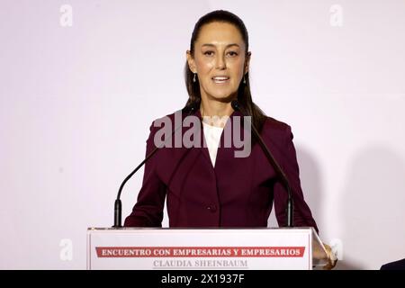 Mexico City, Mexico. 15th Apr, 2024. April 15, 2024, Mexico City, Mexico: The presidential candidate for the Juntos Hagamos Historia coalition, Claudia Sheinbaum Pardo speaks during the Meeting with Companies and Entrepreneurs at the Hilton Hotel. Credit: Sipa USA/Alamy Live News Stock Photo