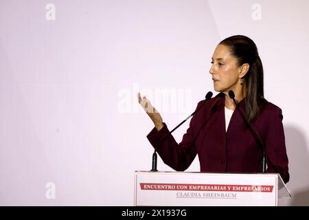 Mexico City, Mexico. 15th Apr, 2024. April 15, 2024, Mexico City, Mexico: The presidential candidate for the Juntos Hagamos Historia coalition, Claudia Sheinbaum Pardo speaks during the Meeting with Companies and Entrepreneurs at the Hilton Hotel. Credit: Sipa USA/Alamy Live News Stock Photo