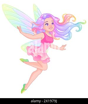 Beautiful flying fairy with wings and rainbow hair. Vector illustration. Stock Vector