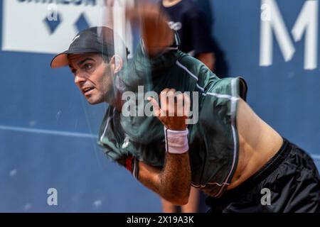 Barcelona, Spain. 15th Apr, 2024. Facundo Diaz Acosta of Argentina seen in action against Daniel Rincon of Spain during the first day of Barcelona Open Banc Sabadell Trofeo Conde de Godó. The final score: Facundo Diaz Acosta 6:1, 6:4 Daniel Rincon Credit: SOPA Images Limited/Alamy Live News Stock Photo