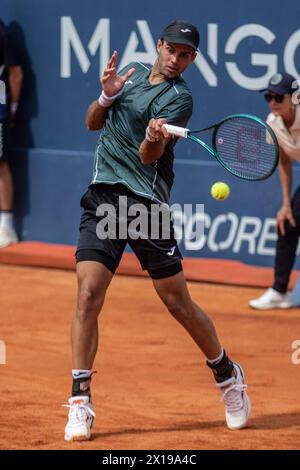 Barcelona, Spain. 15th Apr, 2024. Facundo Diaz Acosta of Argentina seen in action against Daniel Rincon of Spain during the first day of Barcelona Open Banc Sabadell Trofeo Conde de Godó. The final score: Facundo Diaz Acosta 6:1, 6:4 Daniel Rincon Credit: SOPA Images Limited/Alamy Live News Stock Photo