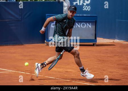 Barcelona, Spain. 15th Apr, 2024. Facundo Diaz Acosta of Argentina seen in action against Daniel Rincon of Spain during the first day of Barcelona Open Banc Sabadell Trofeo Conde de Godó. The final score: Facundo Diaz Acosta 6:1, 6:4 Daniel Rincon (Photo by Martí Segura Ramoneda/SOPA Images/Sipa USA) Credit: Sipa USA/Alamy Live News Stock Photo