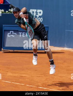 Barcelona, Spain. 15th Apr, 2024. Facundo Diaz Acosta of Argentina seen in action against Daniel Rincon of Spain during the first day of Barcelona Open Banc Sabadell Trofeo Conde de Godó. The final score: Facundo Diaz Acosta 6:1, 6:4 Daniel Rincon (Photo by Martí Segura Ramoneda/SOPA Images/Sipa USA) Credit: Sipa USA/Alamy Live News Stock Photo