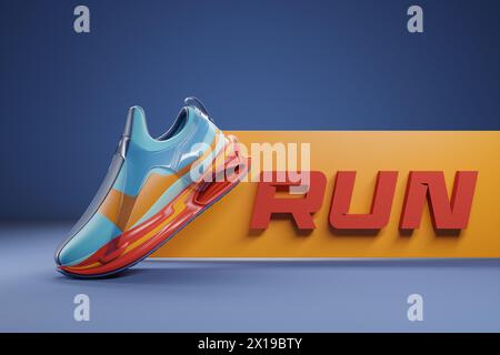 3d illustration of colorful  new sports sneakers on a huge colorful foam sole on a purple  isolated background, sneakers with the phrase run. Fashiona Stock Photo