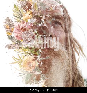 A paintography portrait of an old bearded man combined with floral painting Stock Photo