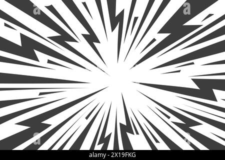 Speed lines in frame for manga comics book. Radial motion background with flash and lightning. Monochrome explosion and flash glow. Vector concentric Stock Vector