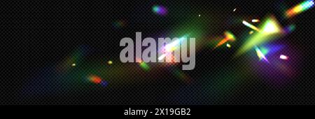 Diamond flare overlay effect on dark transparent background. Realistic vector illustration of prism and crystal rainbow iridescent light refraction impact. Gradient sunlight beam and streak. Stock Vector