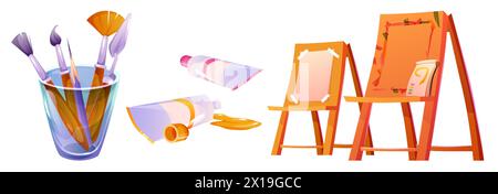 Art tools for painting studio and school concept. Cartoon vector illustration set of artist equipment and stuff - wooden easel with paper for drawing, paint in tube, pencil, spatula and brush in glass Stock Vector