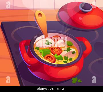 Red pan with vegetables soup on kitchen stove. Hot food smoke and boiling while cooking top view. Open pot with handle kitchenware graphic design. Dinner preparation in bowl on electric cooker Stock Vector