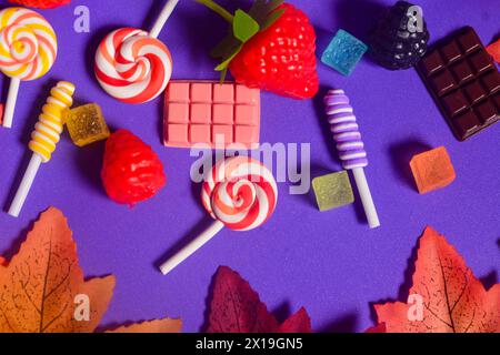 Flat lay of sweet snacks, candies, chocolate,lollipops on purple background Stock Photo