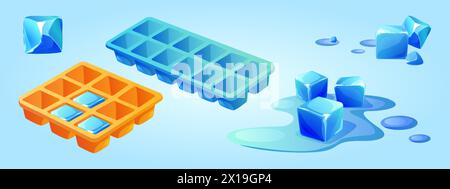Ice cube trays set isolated on blue background. Vector cartoon illustration of frozen water mold, plastic or silicone square container for kitchen refrigerator, melting icicle pieces in liquid puddle Stock Vector