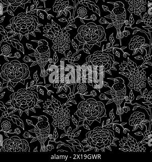 Seamless pattern with monochrome black and white chinoiserie hand drawn flowers and birds motifs Stock Vector
