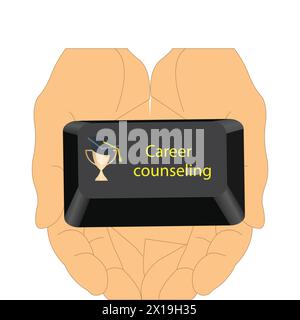 Hands holding a keyboard button with the text career counseling and an icon with a graduation cap on a trophy Stock Vector