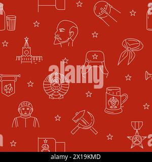 USSR seamless pattern in line style. Hammer and sickle, communism and Soviet symbols. Vector illustration Stock Vector