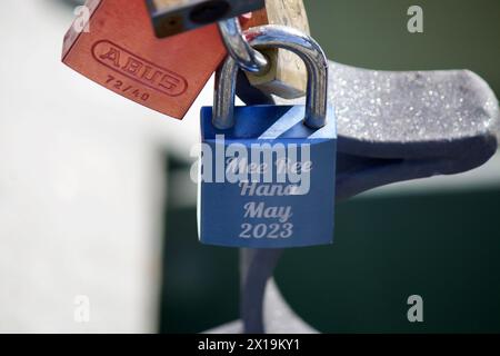 Frankfurt, Germany, April 10, 2024. A love lock on the iron foot bridge. Stock Photo