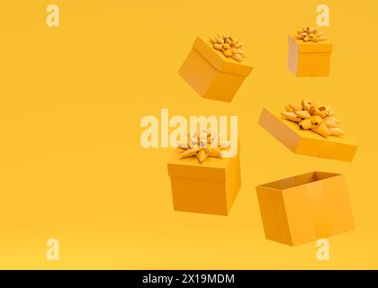 Gift boxes with ribbon and bow flying and falling on monochrome background. 3d render concept of greeting design Birthday, Merry Christmas, Black frid Stock Photo
