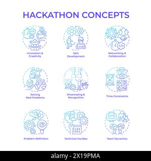 Hackathon blue gradient concept icons Stock Vector