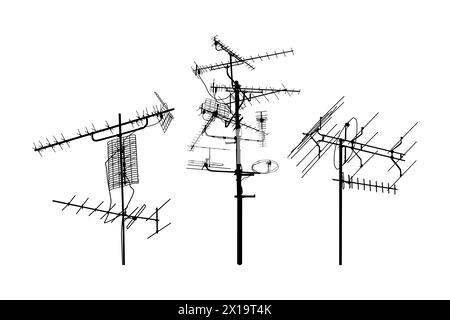 Television antenna icons set isolated on white background. Silhouettes of different television aerials. Tv antenna sign or symbol. Vector illustration Stock Vector